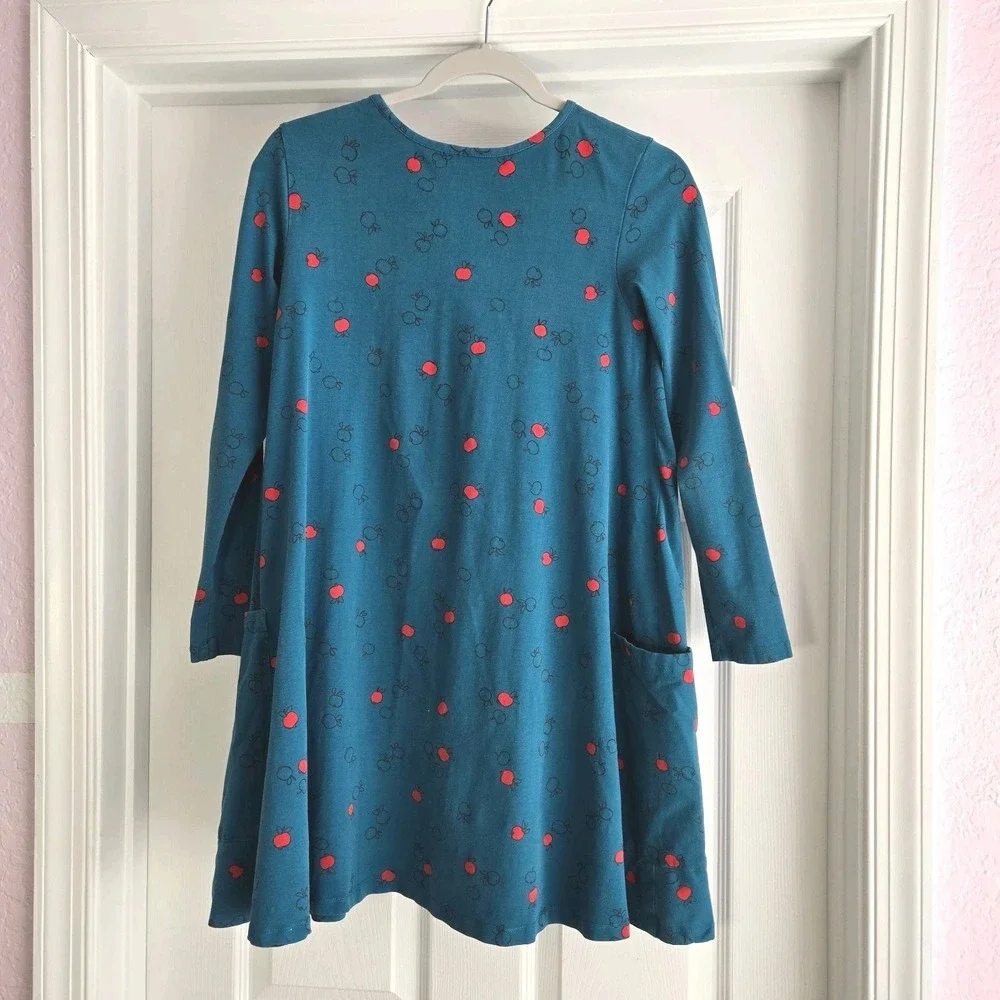 Hanna Andersson Apple Print Dress Size 160 Girl's 14-16 Blue‎ Long Sleeve A-Line